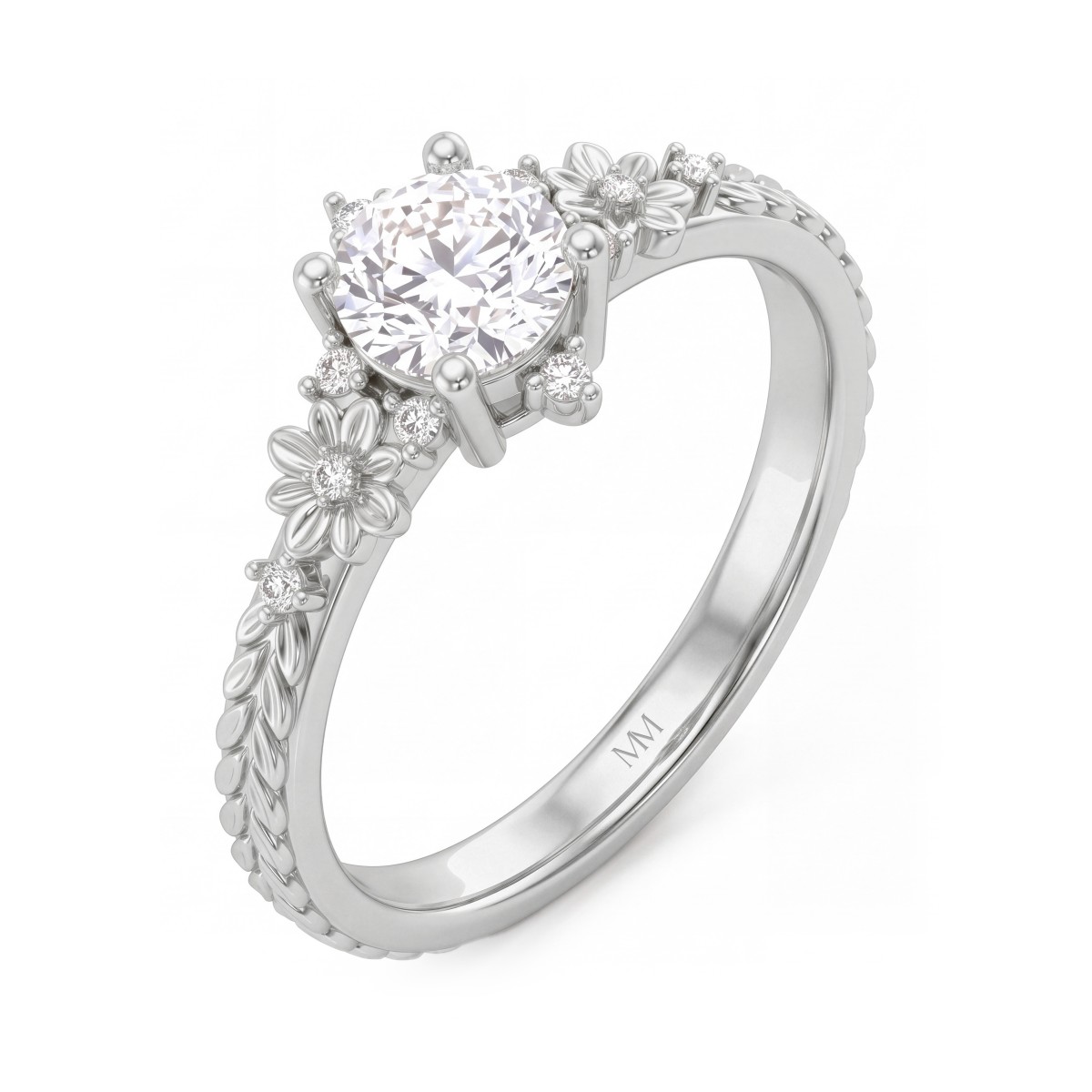 Primrose - Vintagering med rund moissanite og skuldre med blomstermotiver