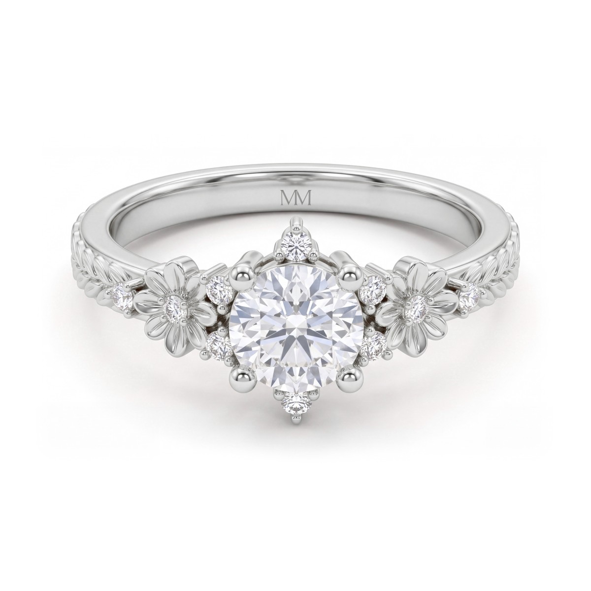 Primrose - Vintagering med rund moissanite og skuldre med blomstermotiver