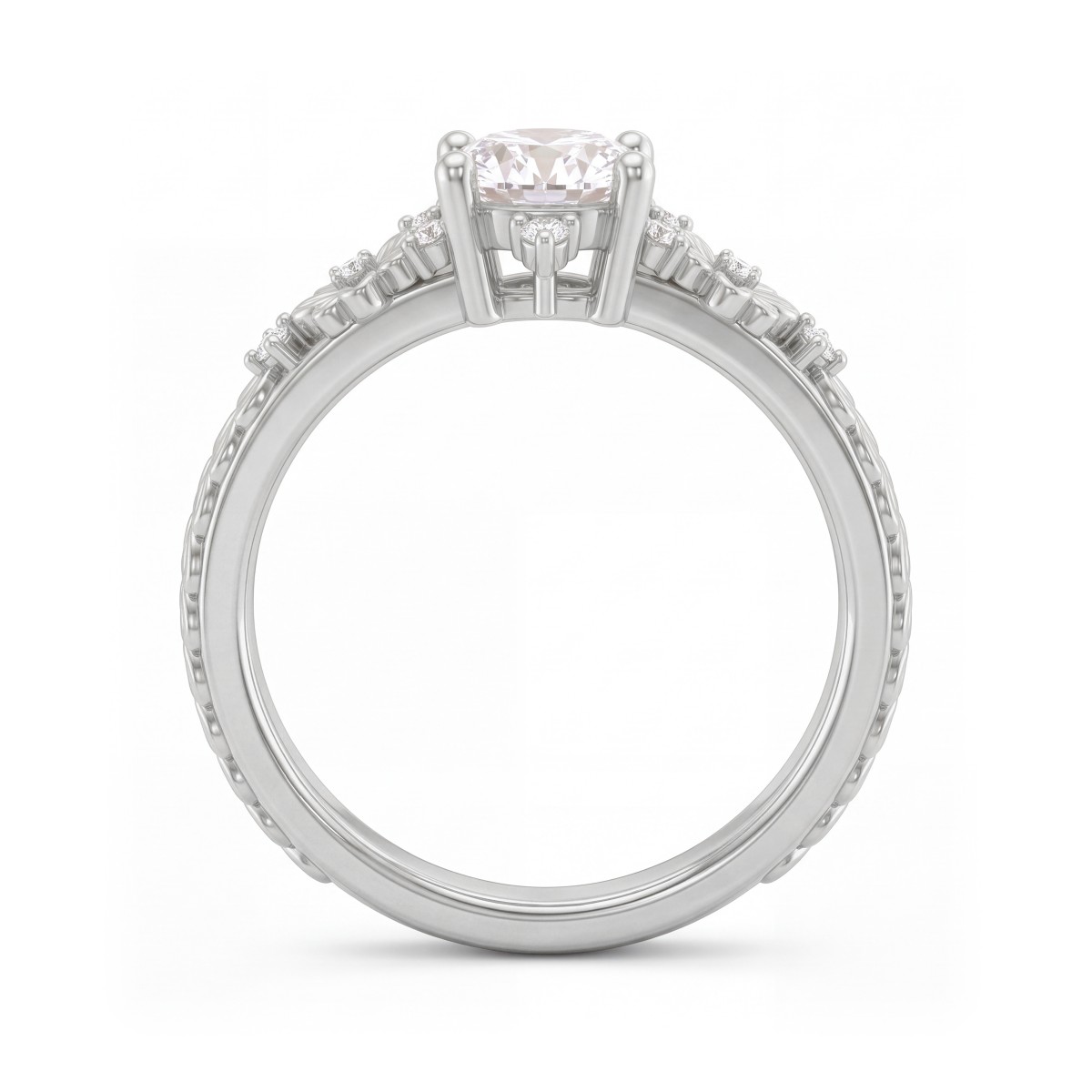 Primrose - Vintagering med rund moissanite og skuldre med blomstermotiver