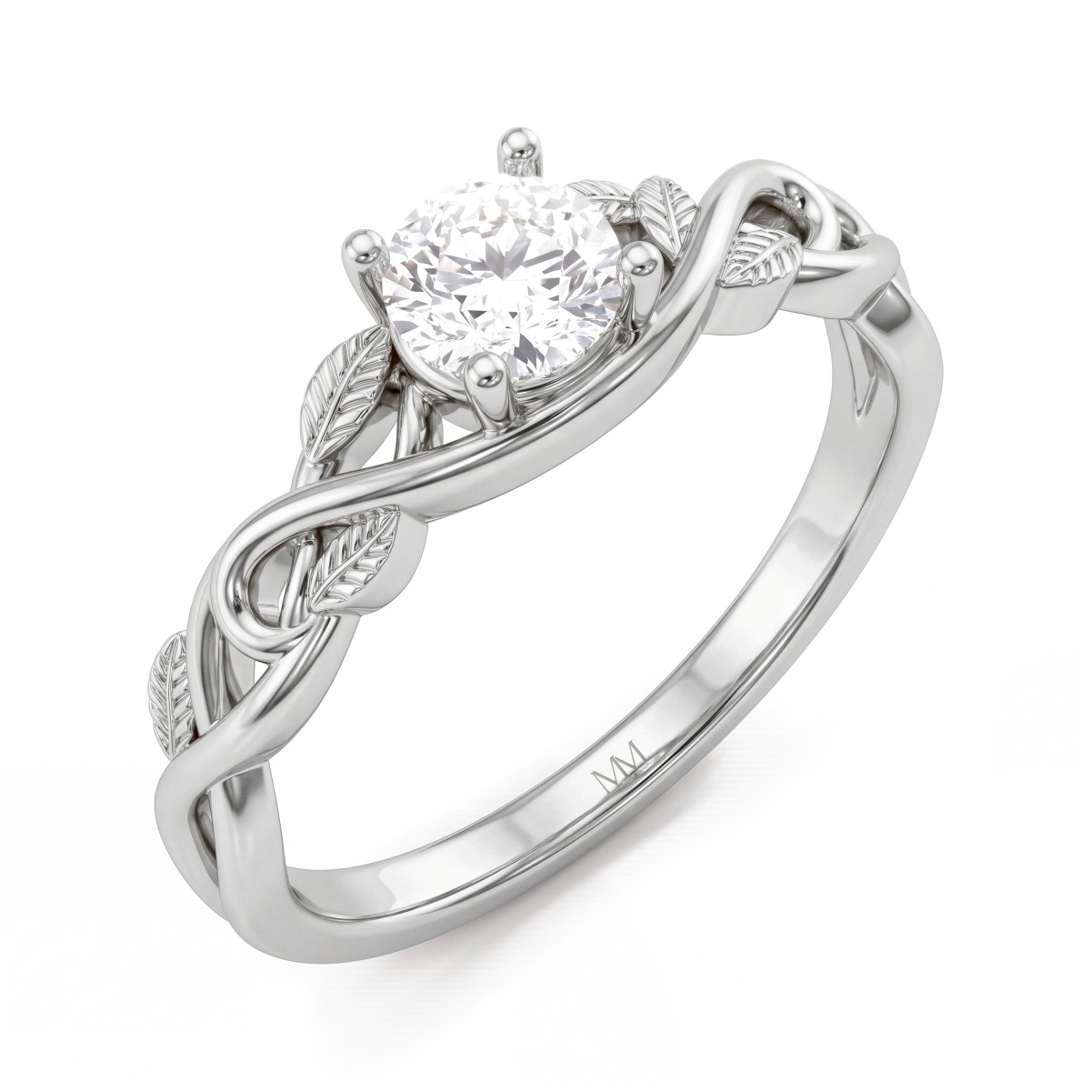 Ivy - Forlovelsesring med rund moissanite og bladranker på skuldrene