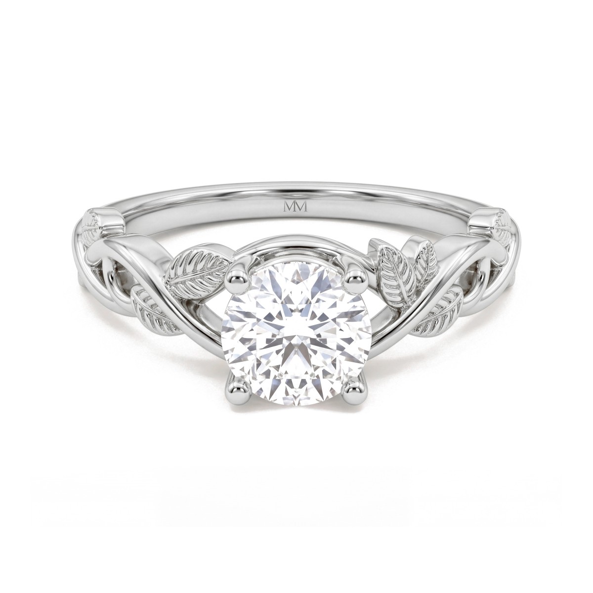 Ivy - Forlovelsesring med rund moissanite og bladranker på skuldrene
