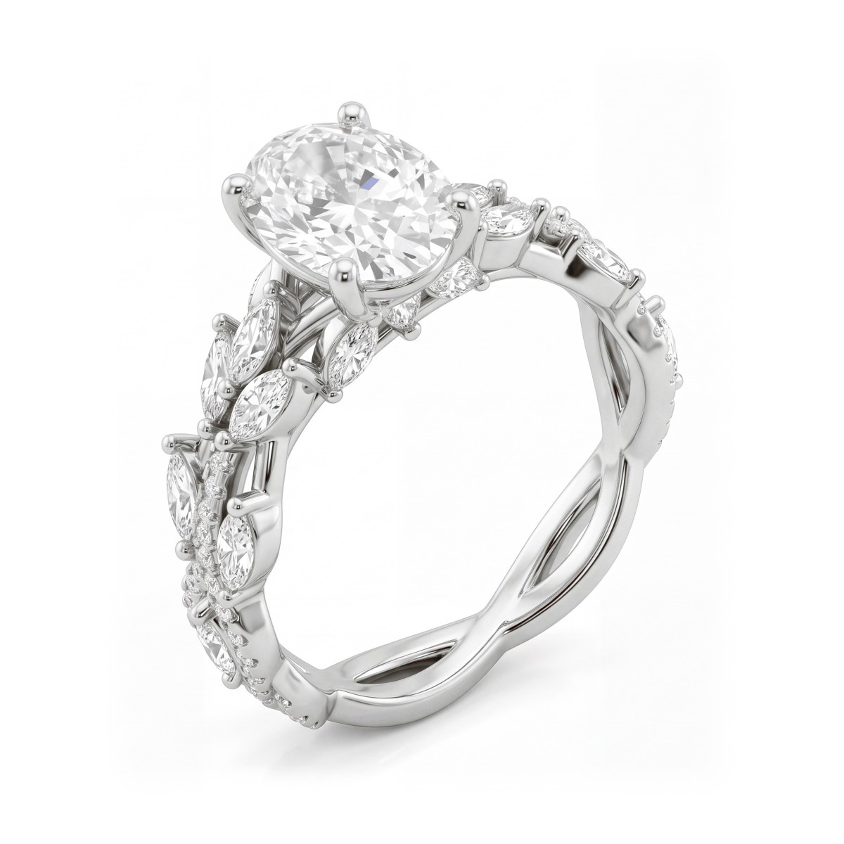 Wisteria - Ring med oval moissanite og ringskinne formet som en snoet vinranke