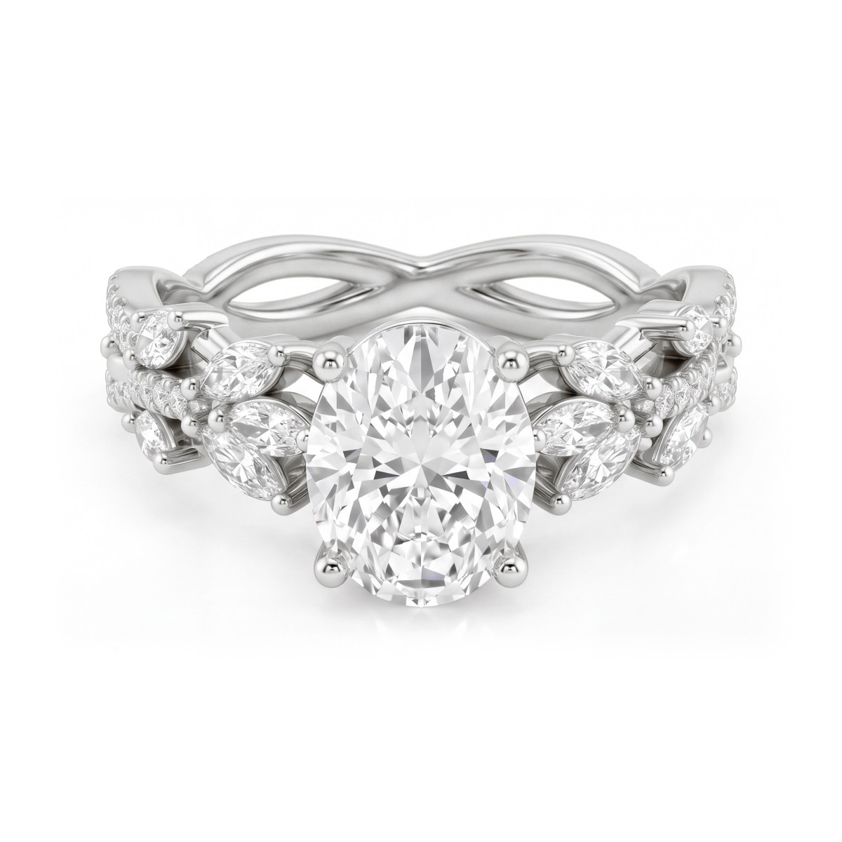 Wisteria - Ring med oval moissanite og ringskinne formet som en snoet vinranke