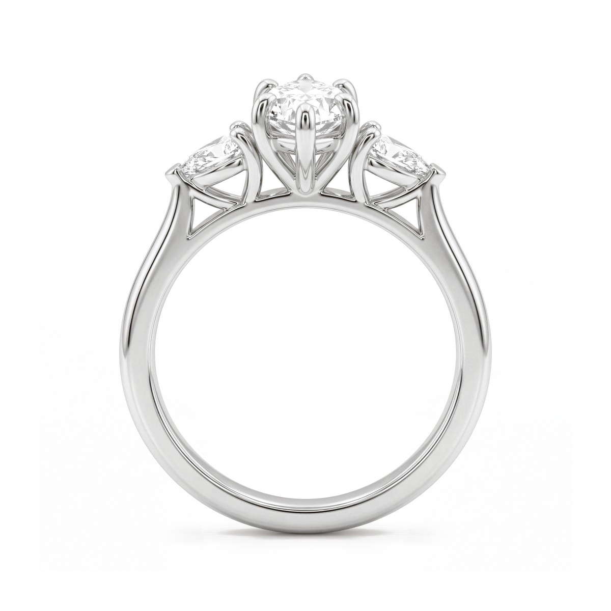Navette - Trestensforlovelsesring med moissanite i marquiseslibning og udadrettede dråbeformede sidesten