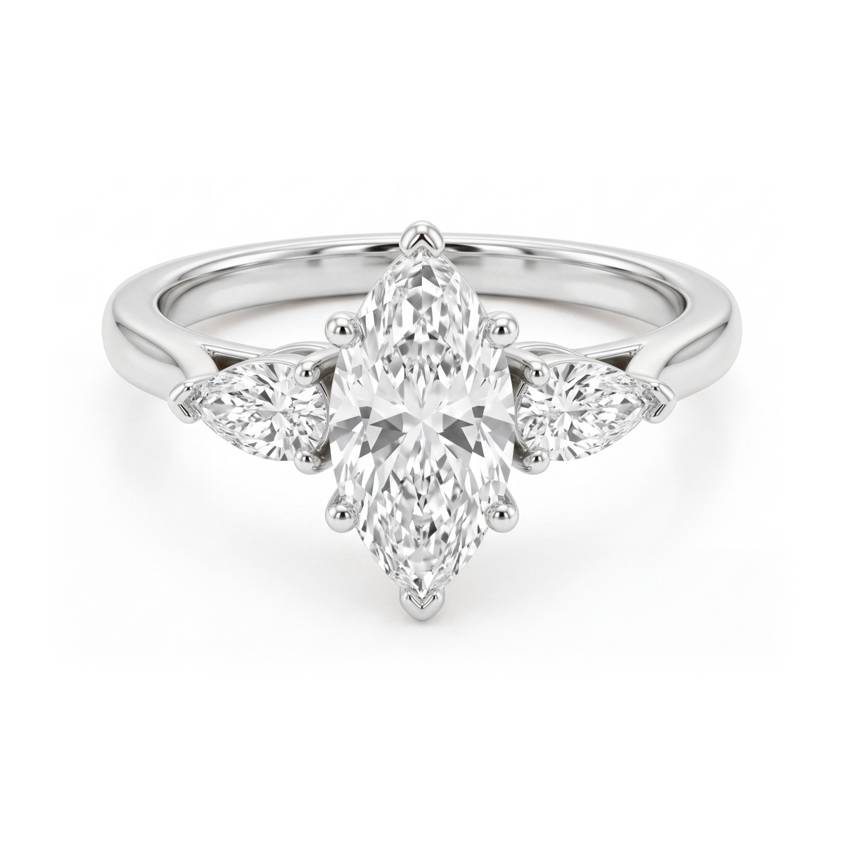 Navette - Trestensforlovelsesring med moissanite i marquiseslibning og udadrettede dråbeformede sidesten