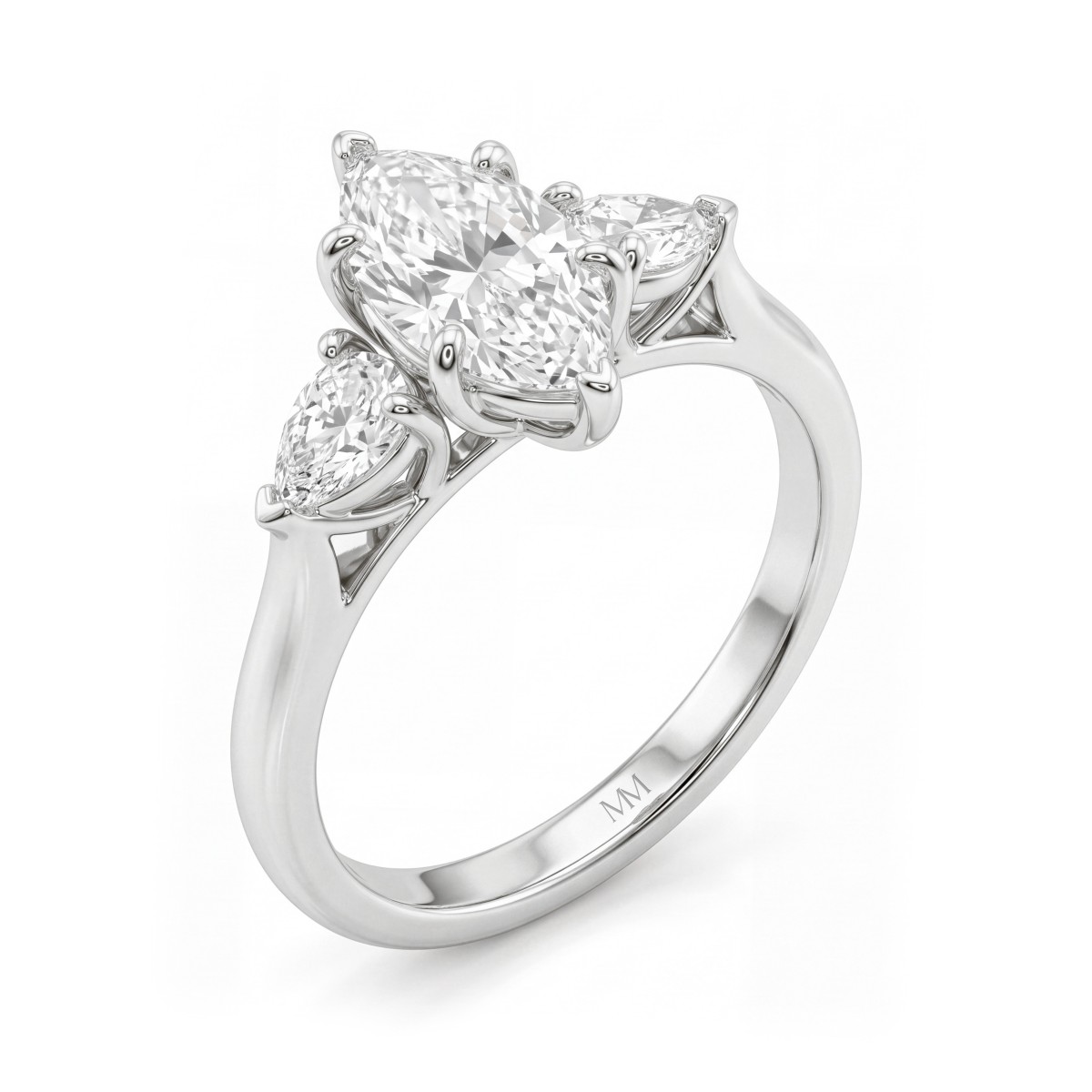 Navette - Trestensforlovelsesring med moissanite i marquiseslibning og udadrettede dråbeformede sidesten