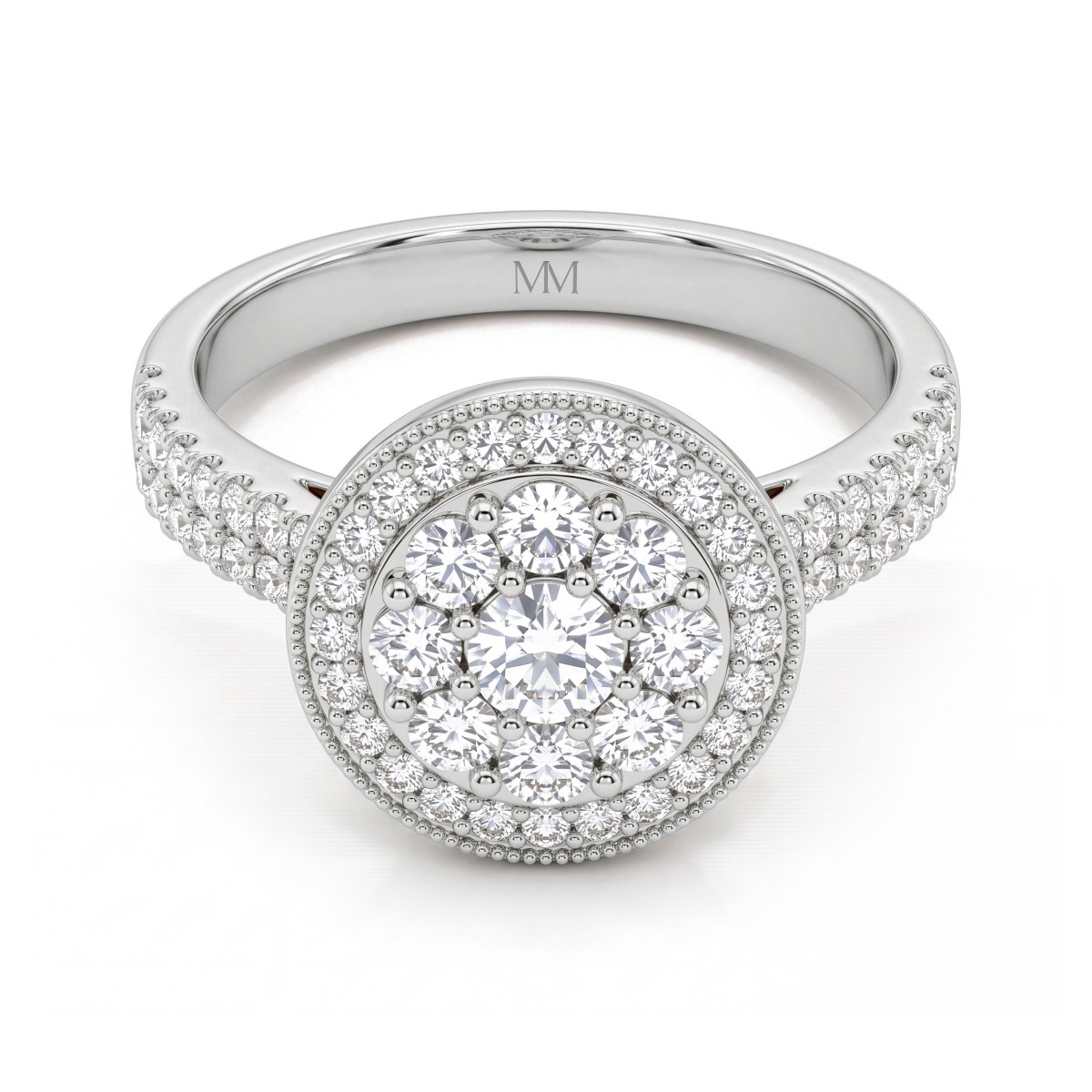 Corollina - Rund clusterring med moissanite, halo og pavéfattede skuldre