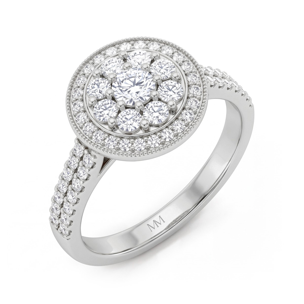 Corollina - Rund clusterring med moissanite, halo og pavéfattede skuldre