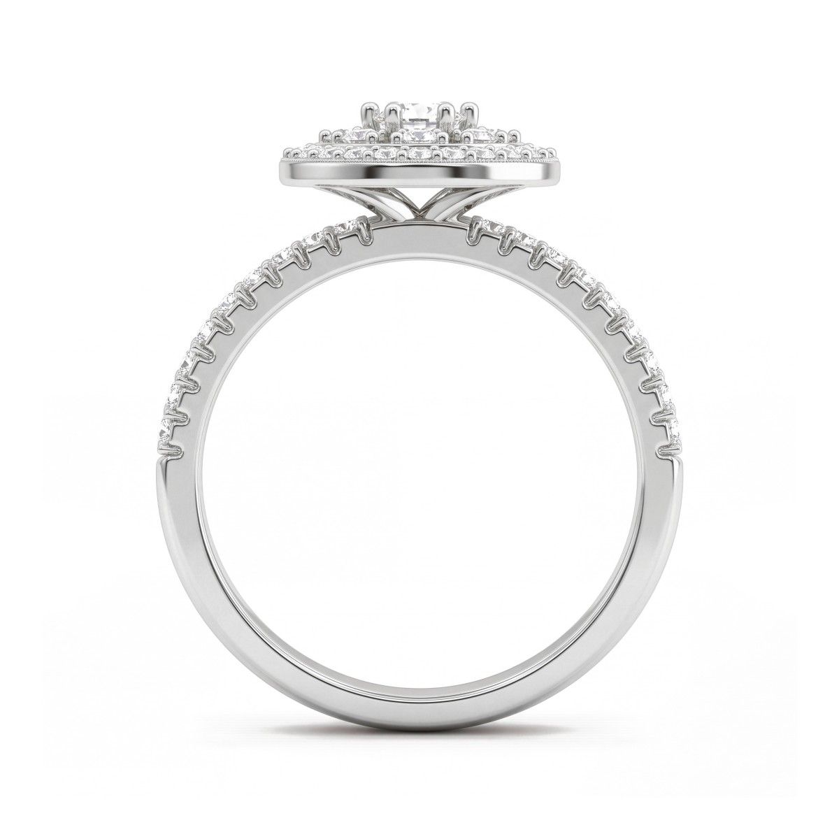 Corollina - Rund clusterring med moissanite, halo og pavéfattede skuldre