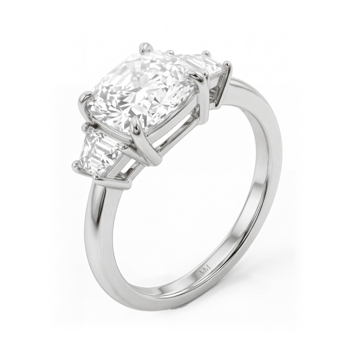 Trinity - Trestensring med moissanite i cushionslibning og trapezformede sidesten