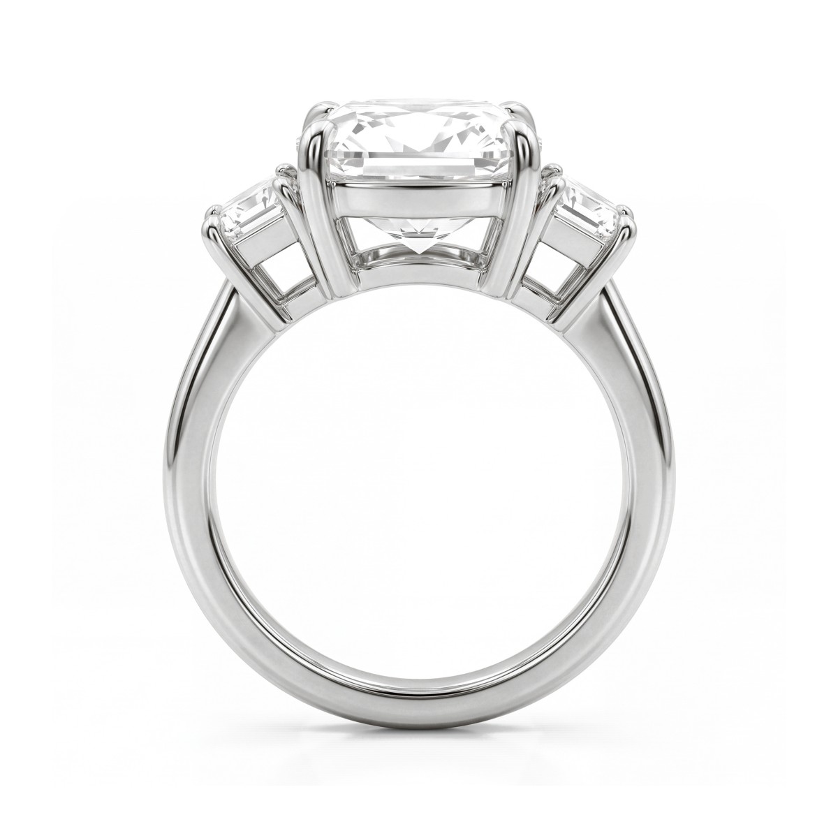Trinity - Trestensring med moissanite i cushionslibning og trapezformede sidesten