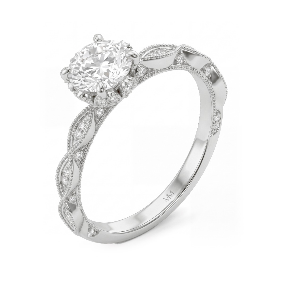 Plume - Vintagering med rund moissanite og pavéfattet lotuskrave