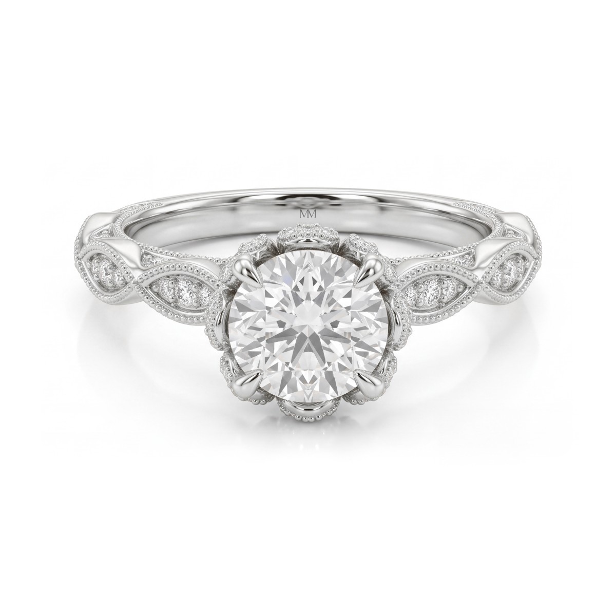 Plume - Vintagering med rund moissanite og pavéfattet lotuskrave