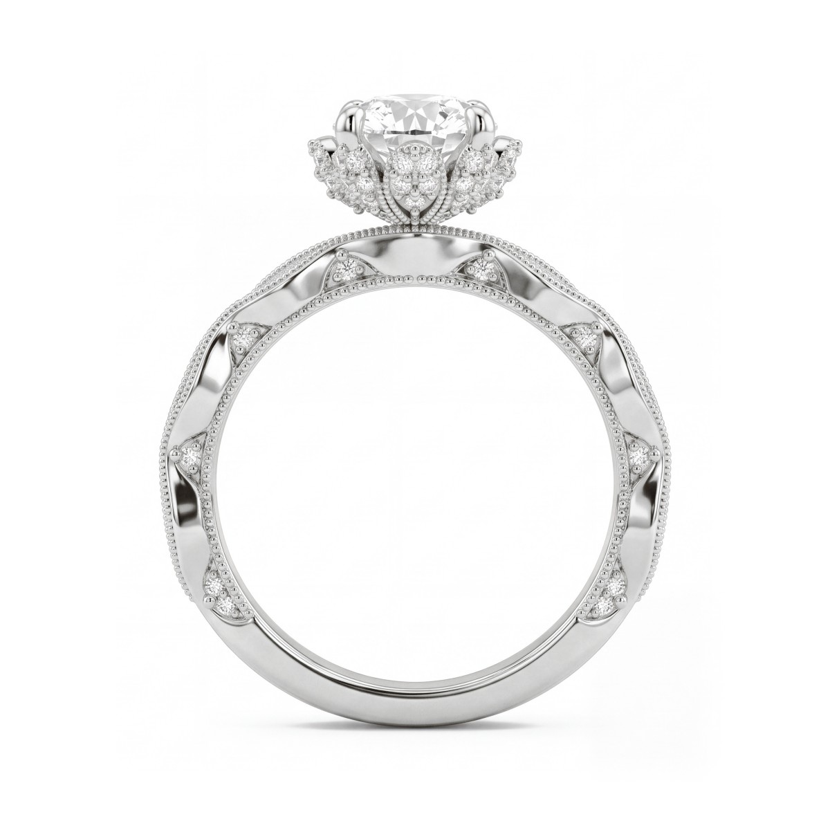 Plume - Vintagering med rund moissanite og pavéfattet lotuskrave