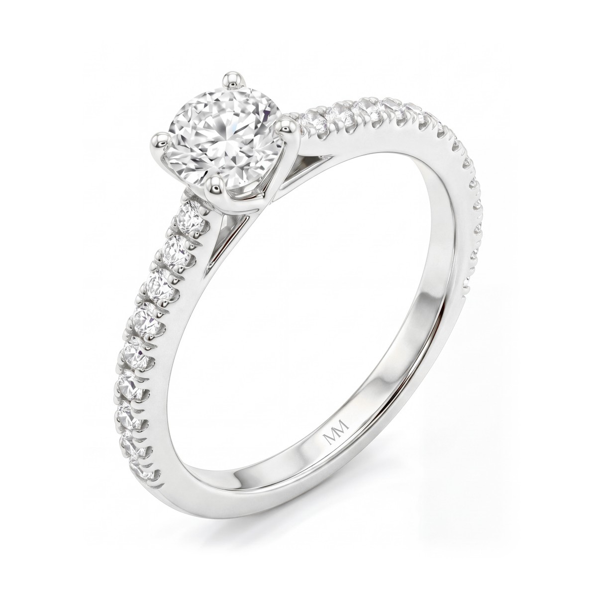 Juliette - Forlovelsesring med rund moissanite og pavéringskinne