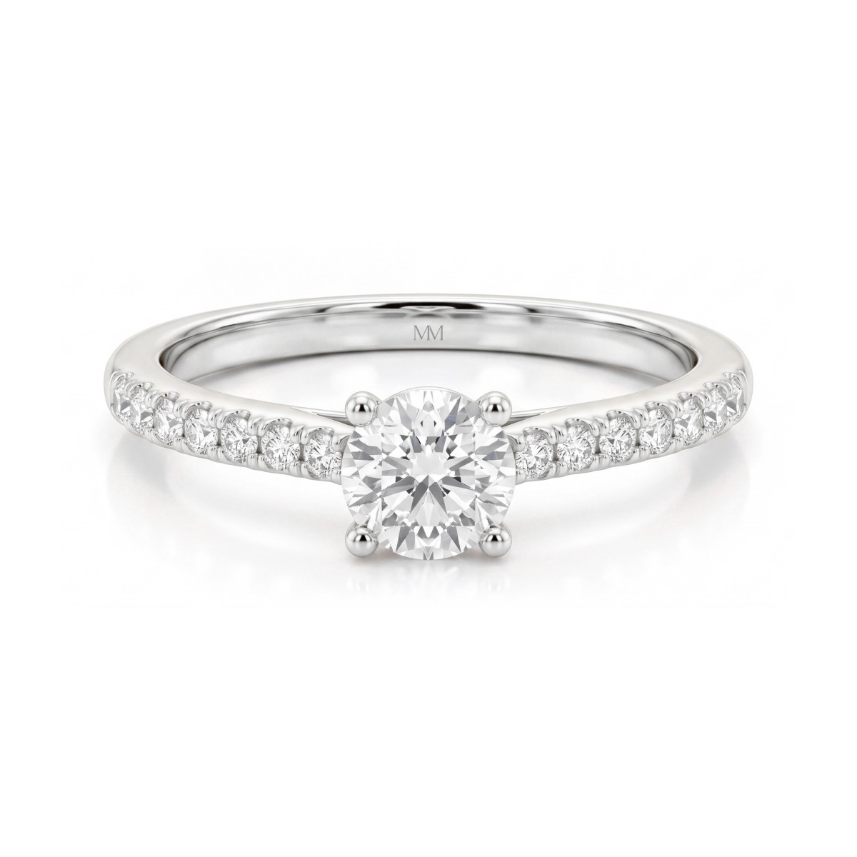 Juliette - Forlovelsesring med rund moissanite og pavéringskinne