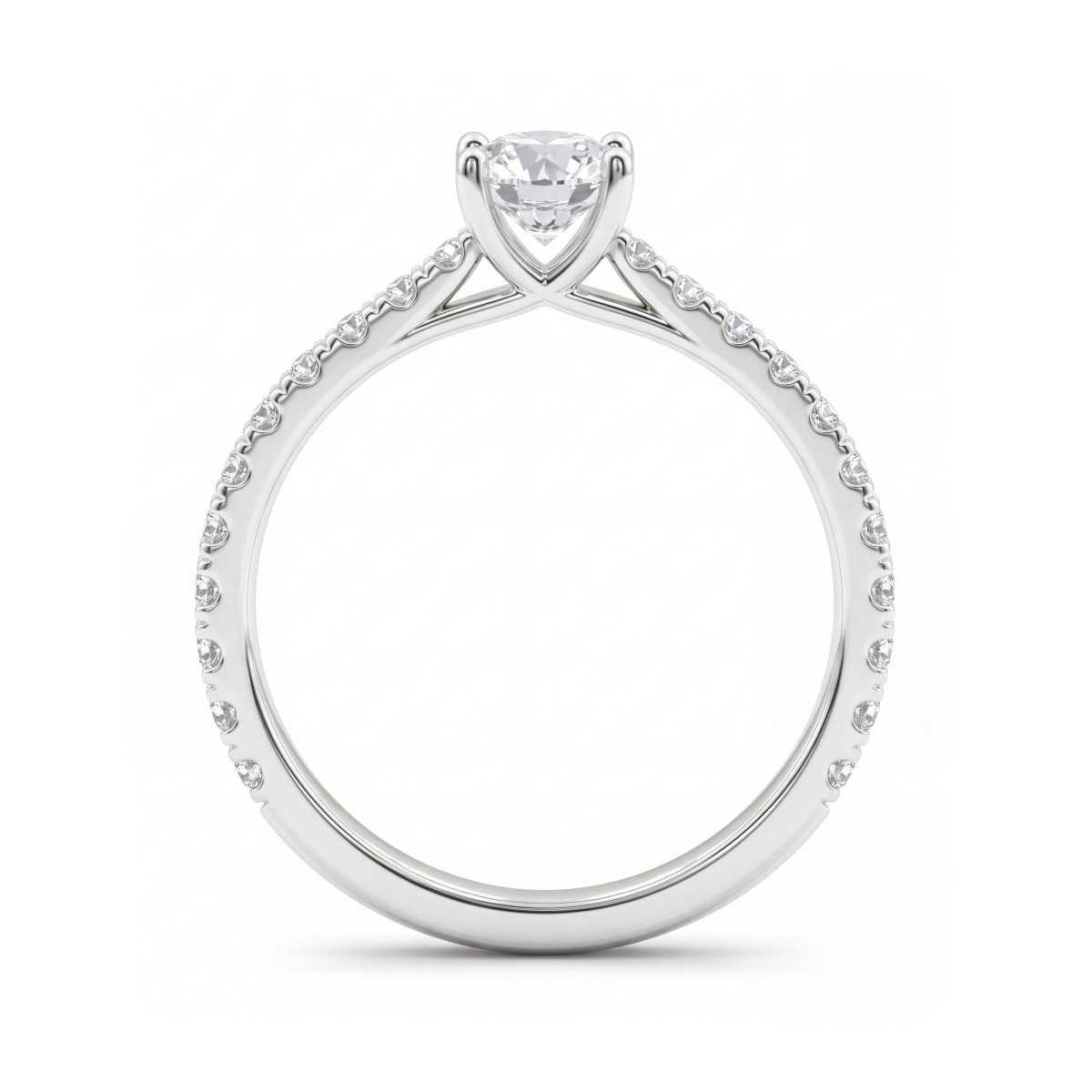 Juliette - Forlovelsesring med rund moissanite og pavéringskinne