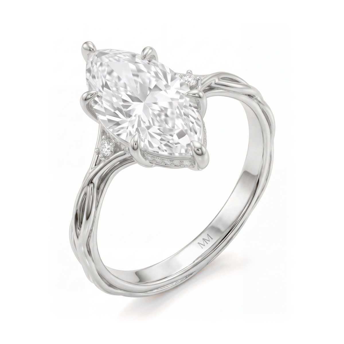 Hazel - Ring med moissanite i marquiseslibning og snoet, grenformet ringskinne
