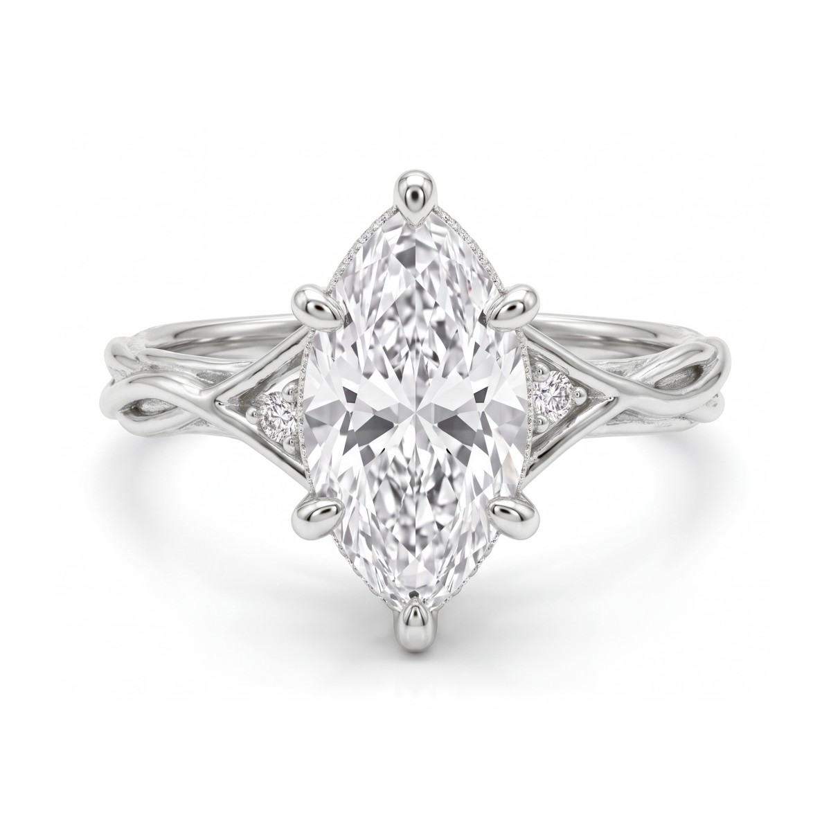 Hazel - Ring med moissanite i marquiseslibning og snoet, grenformet ringskinne