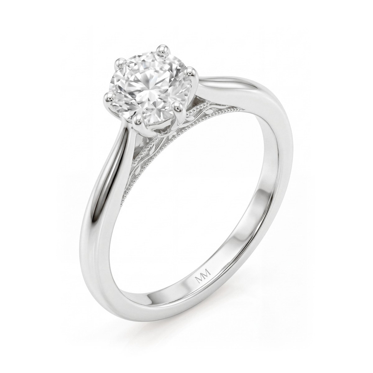 Lotella - Forlovelsesring med rund moissanite og udskåret lotusformet kurvefatning