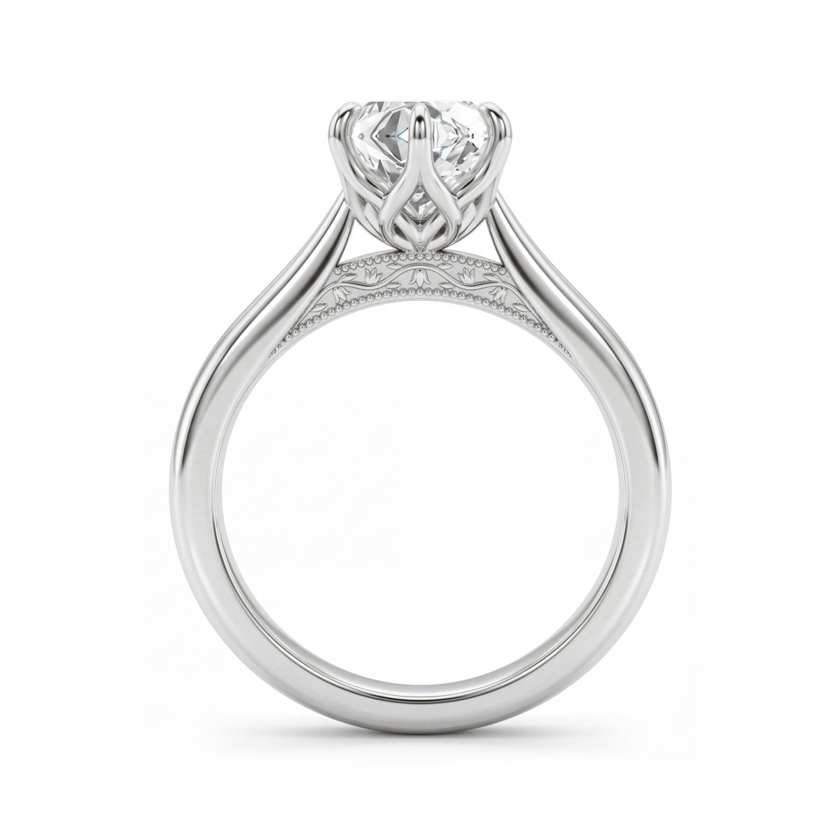 Lotella - Forlovelsesring med rund moissanite og udskåret lotusformet kurvefatning