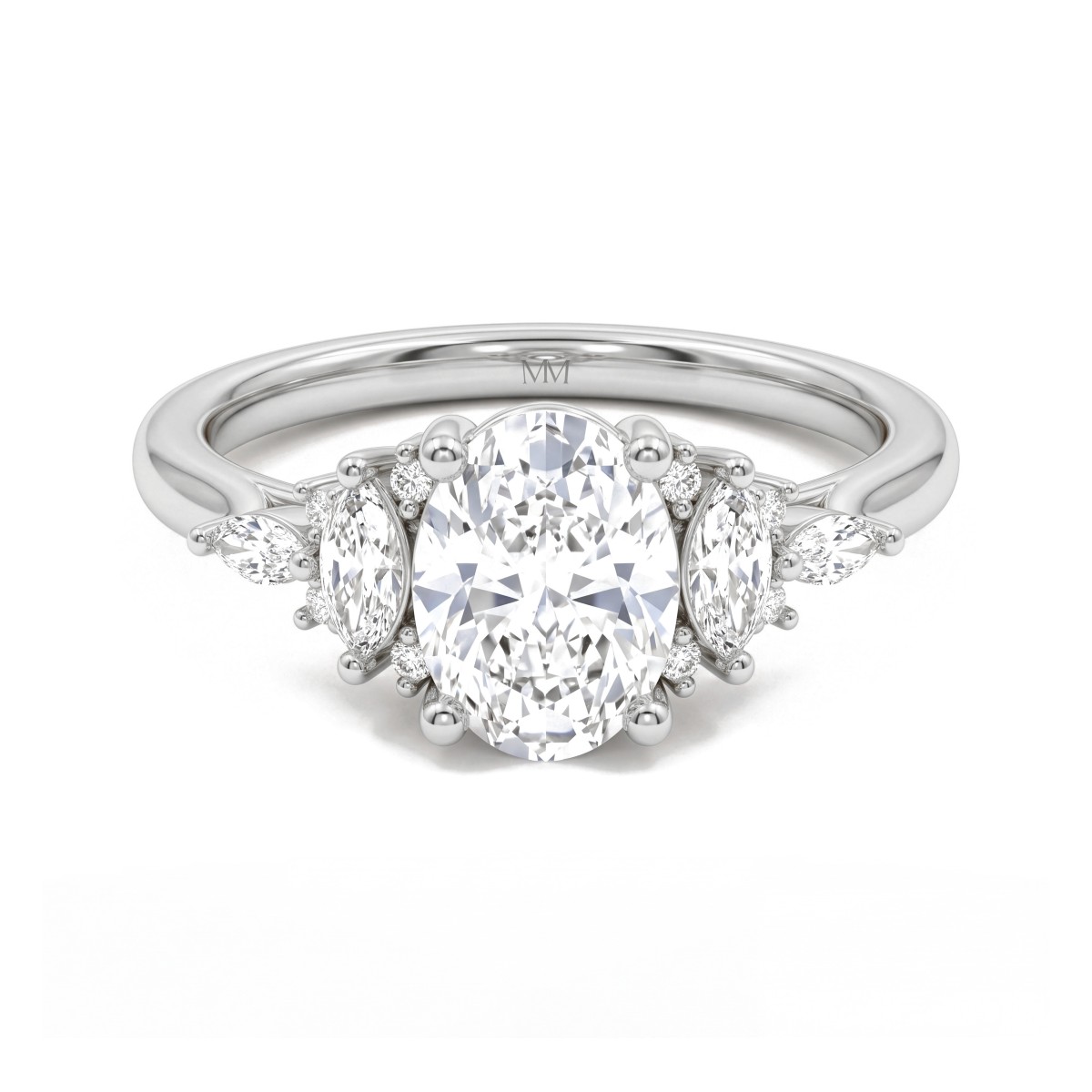 Ondine - Ring med oval moissanite og klynger af marquiseslebne sten på ringskuldrene