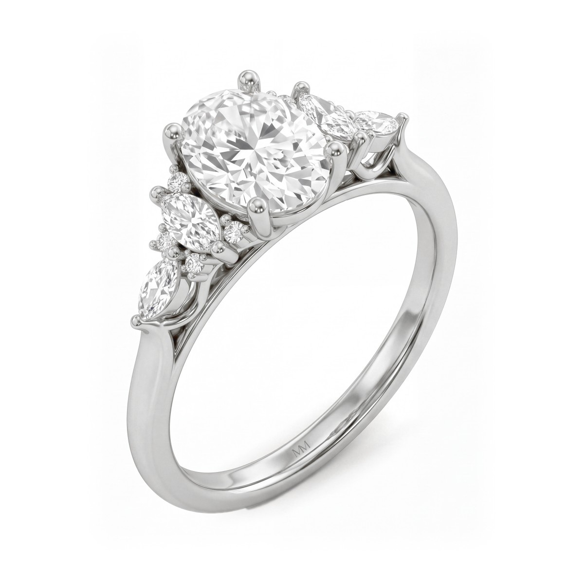 Ondine - Ring med oval moissanite og klynger af marquiseslebne sten på ringskuldrene