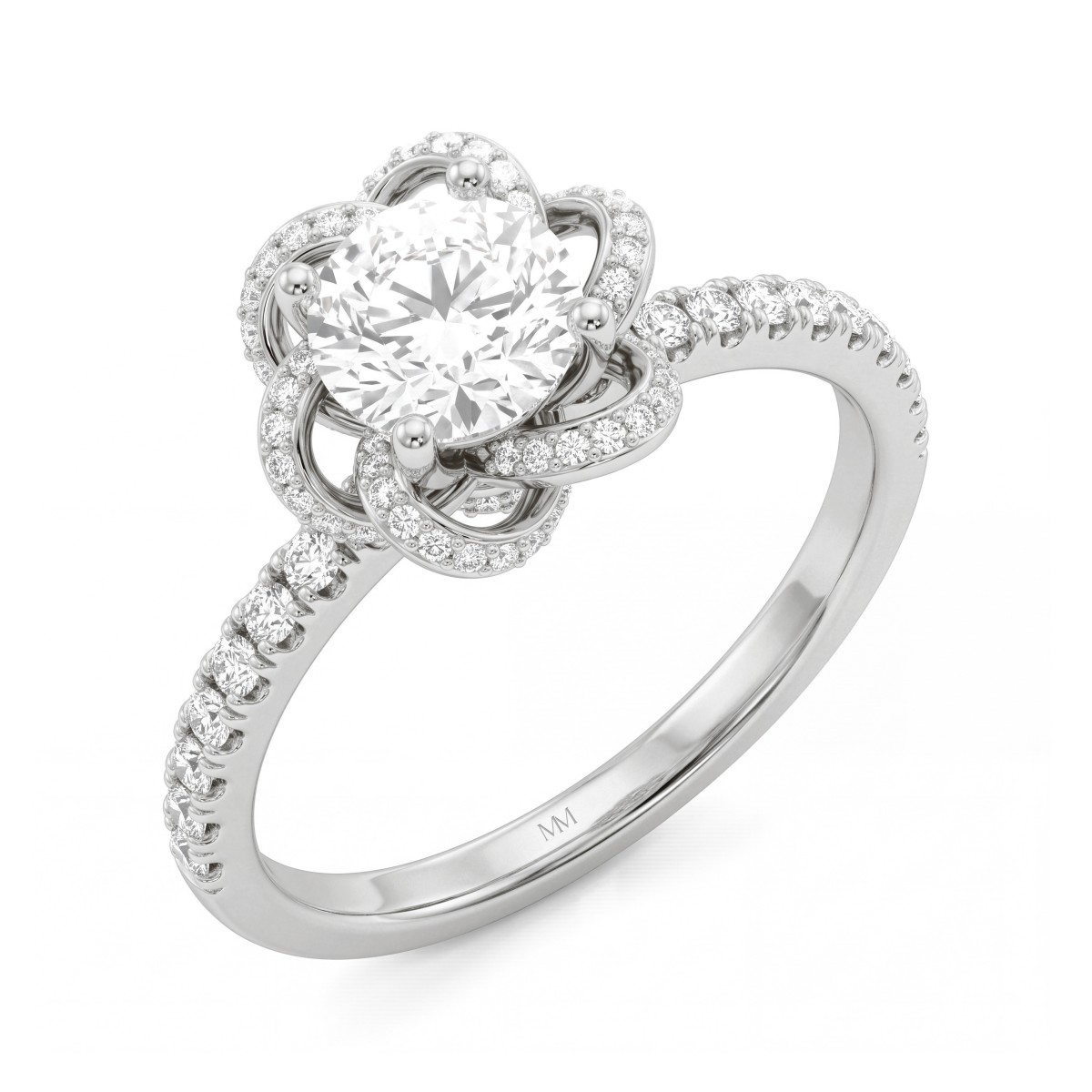 Camellia - Ring med rund moissanite og båndformede kronblade med pavé