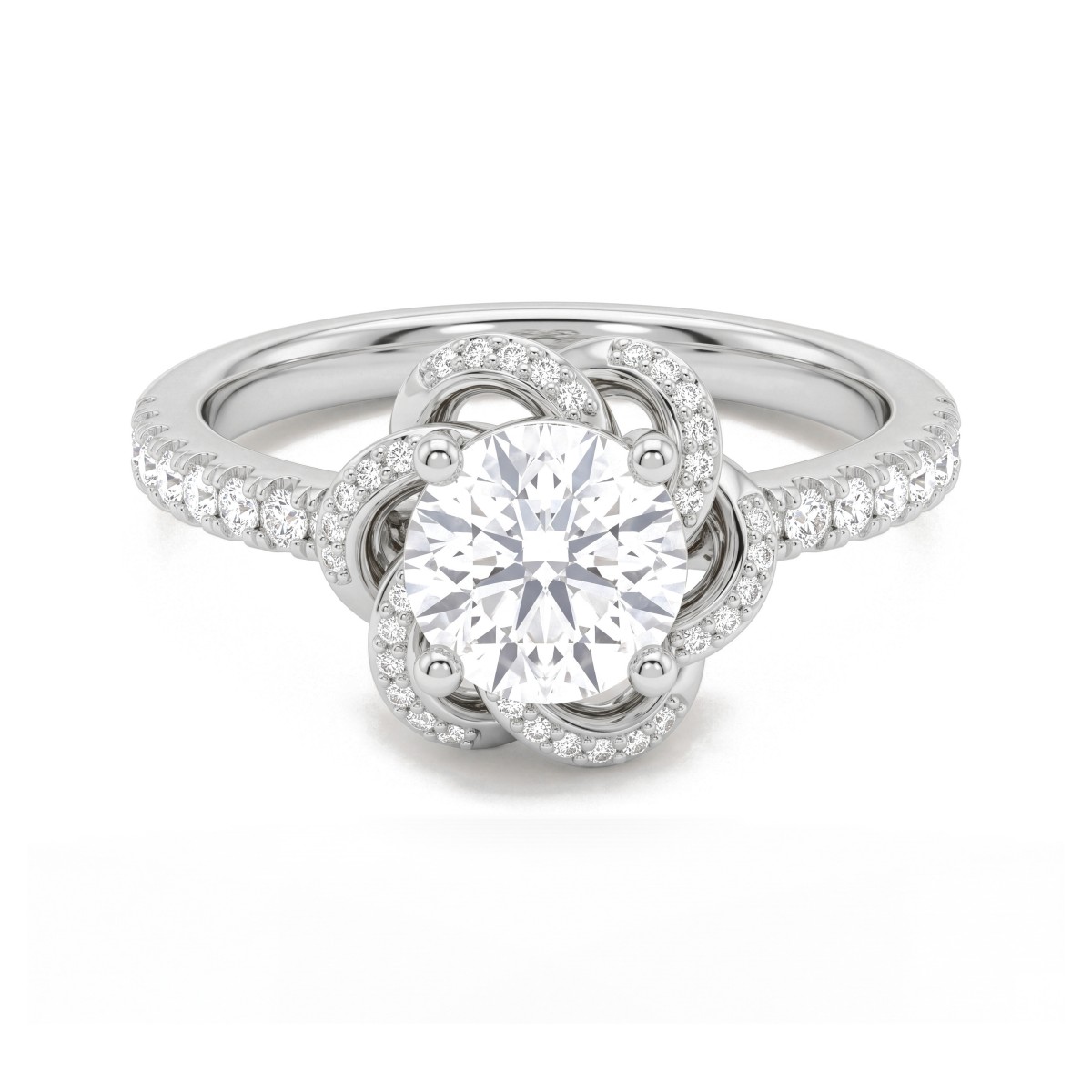 Camellia - Ring med rund moissanite og båndformede kronblade med pavé