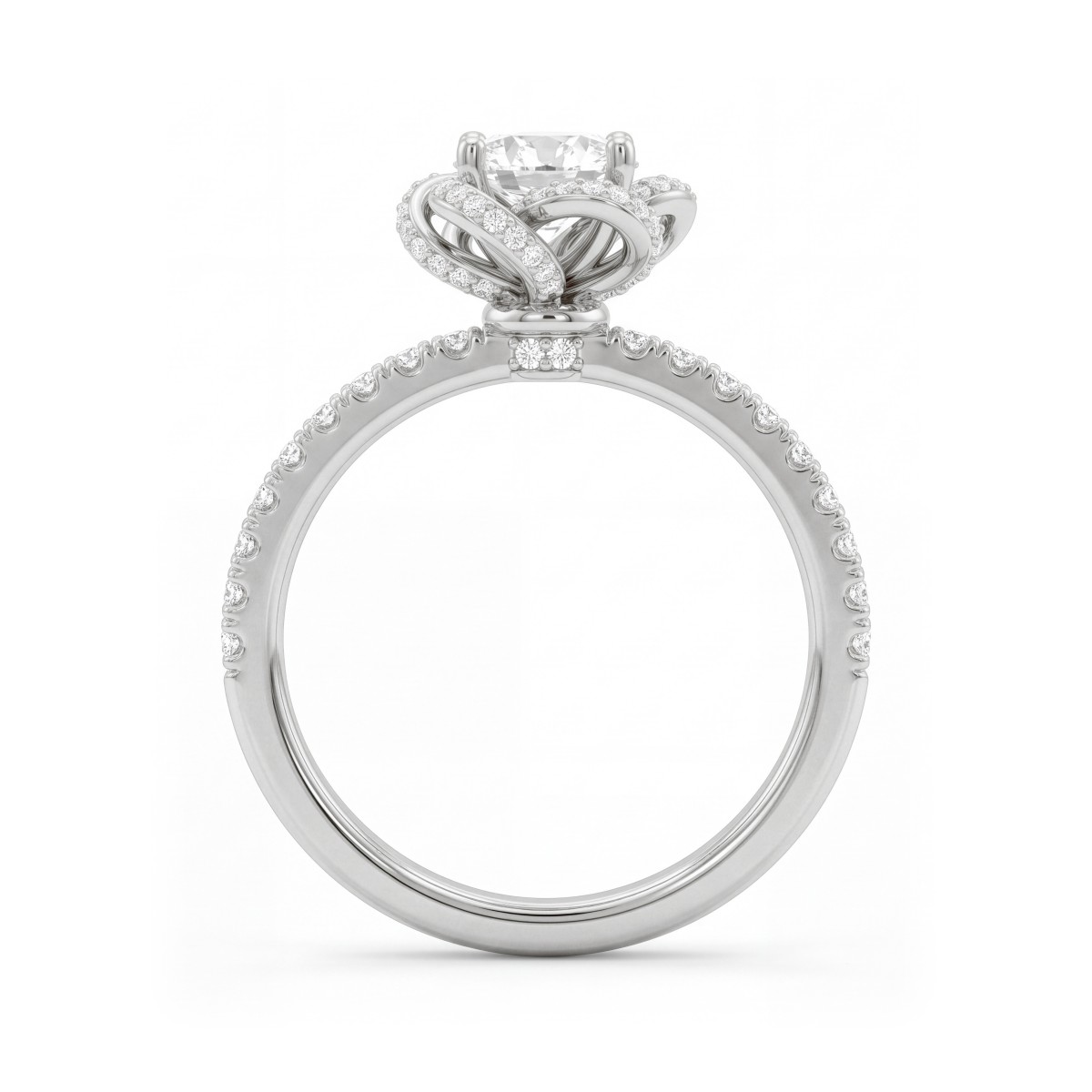 Camellia - Ring med rund moissanite og båndformede kronblade med pavé