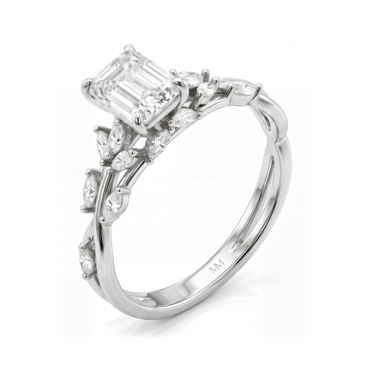 Eden - Ring med moissanite i smaragdslibning og ringskinne med rankemotiv af sten i marquiseslibning