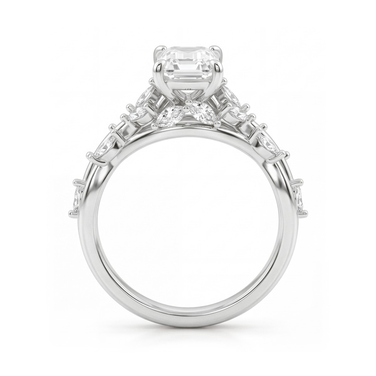 Eden - Ring med moissanite i smaragdslibning og ringskinne med rankemotiv af sten i marquiseslibning