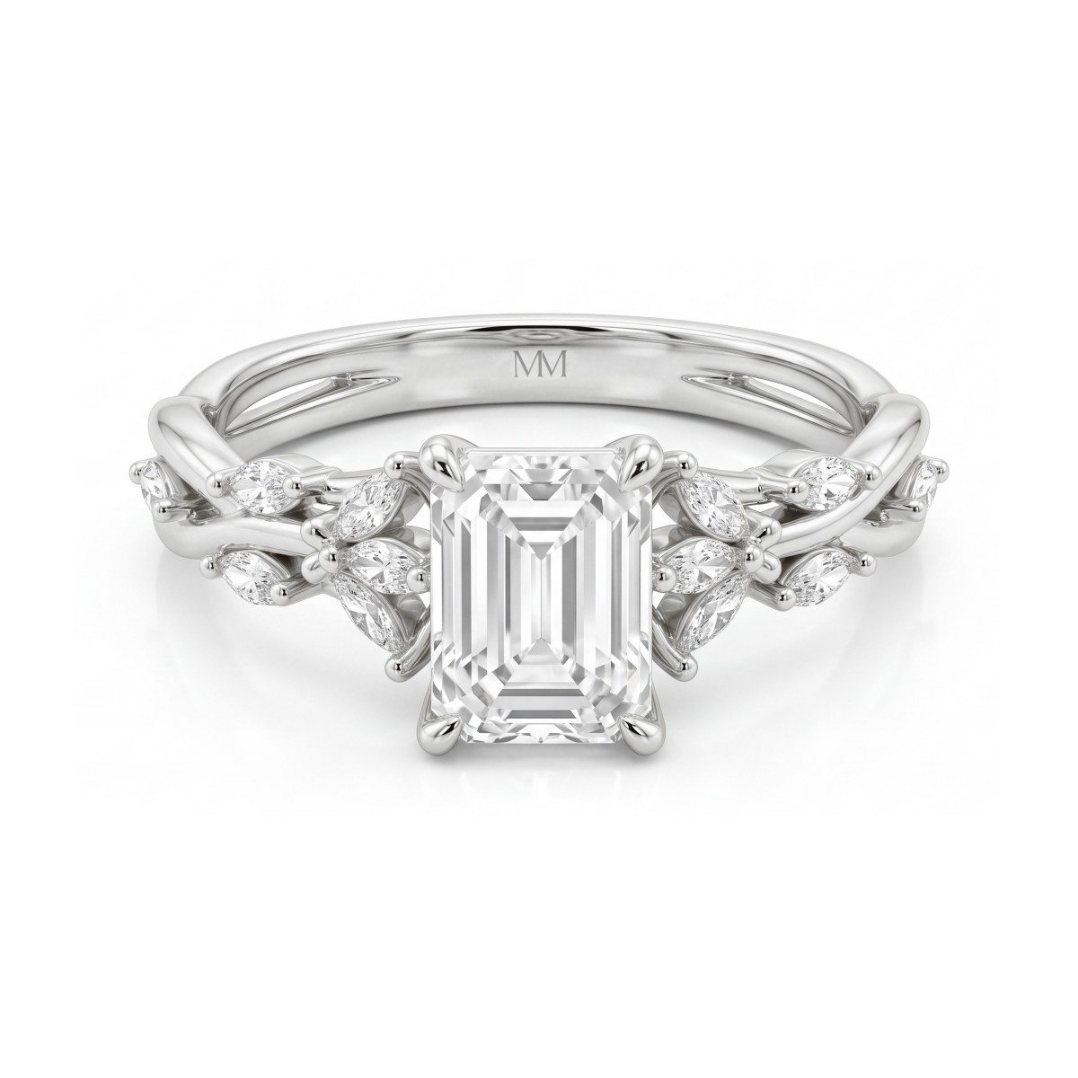 Eden - Ring med moissanite i smaragdslibning og ringskinne med rankemotiv af sten i marquiseslibning