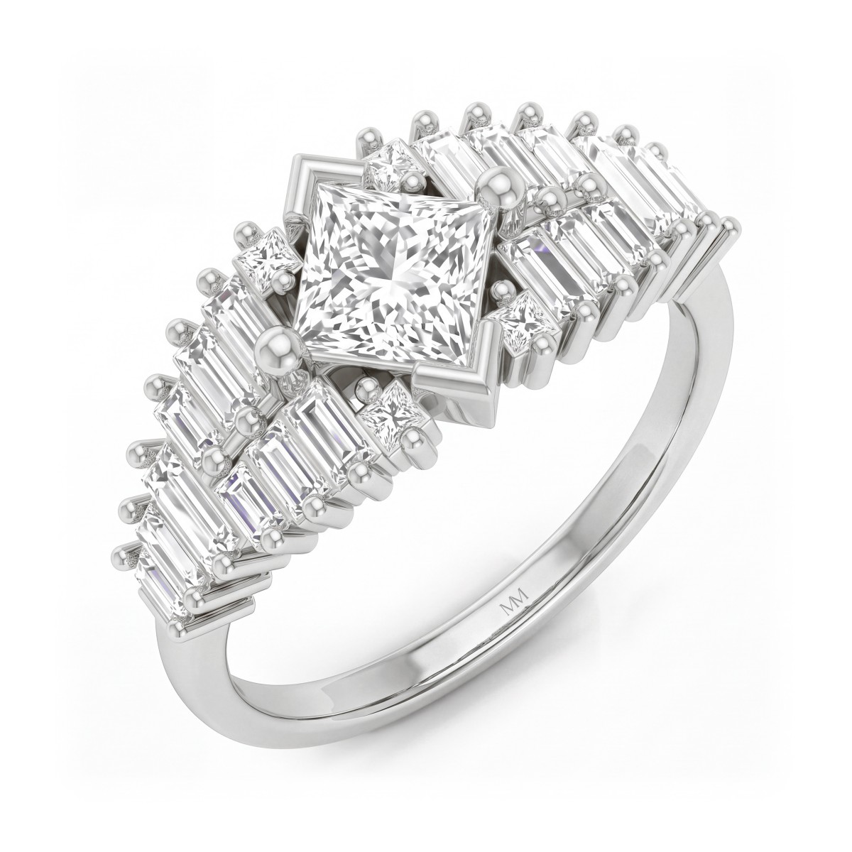 Princelle - Art deco-ring med prinsesseslebet moissanite og trappeformede ringskuldre med baguetteslebne sten