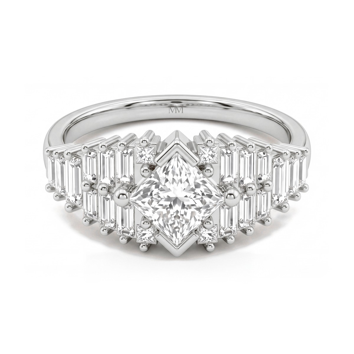 Princelle - Art deco-ring med prinsesseslebet moissanite og trappeformede ringskuldre med baguetteslebne sten