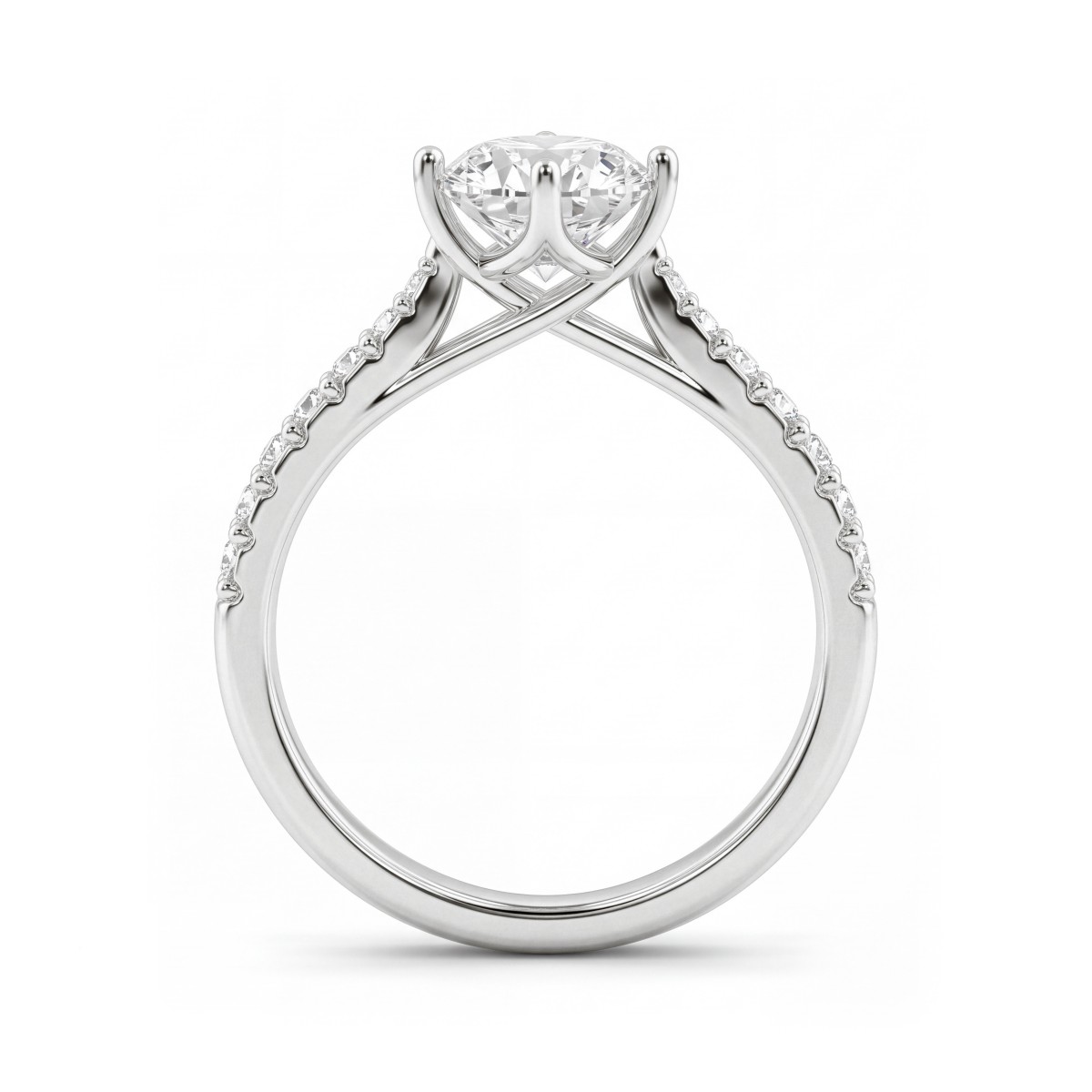 Cadence - Forlovelsesring med rund moissanite, trellisfatning og gradueret pavé