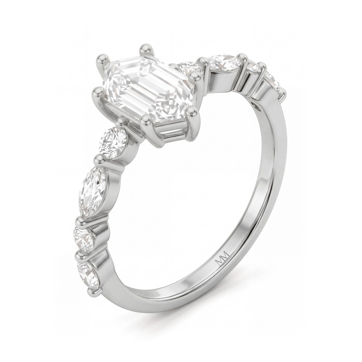 Prisma - Forlovelsesring med aflang sekskantet moissanite og sidesten i marquiseslibning samt runde sidesten