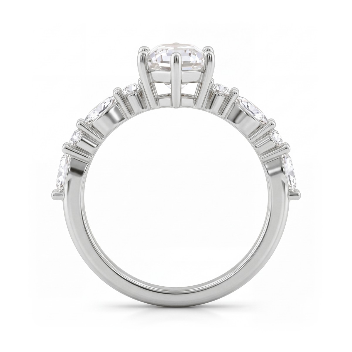 Prisma - Forlovelsesring med aflang sekskantet moissanite og sidesten i marquiseslibning samt runde sidesten
