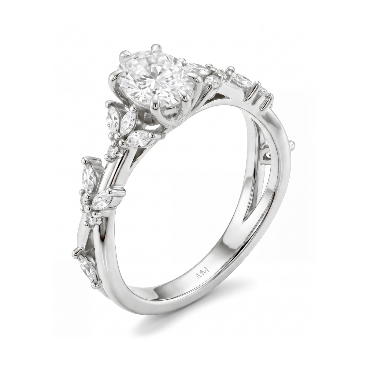Sylvaine - Forlovelsesring med oval moissanite, klynger af marquiseslebne sten i bladmotiv og delt ringskinne