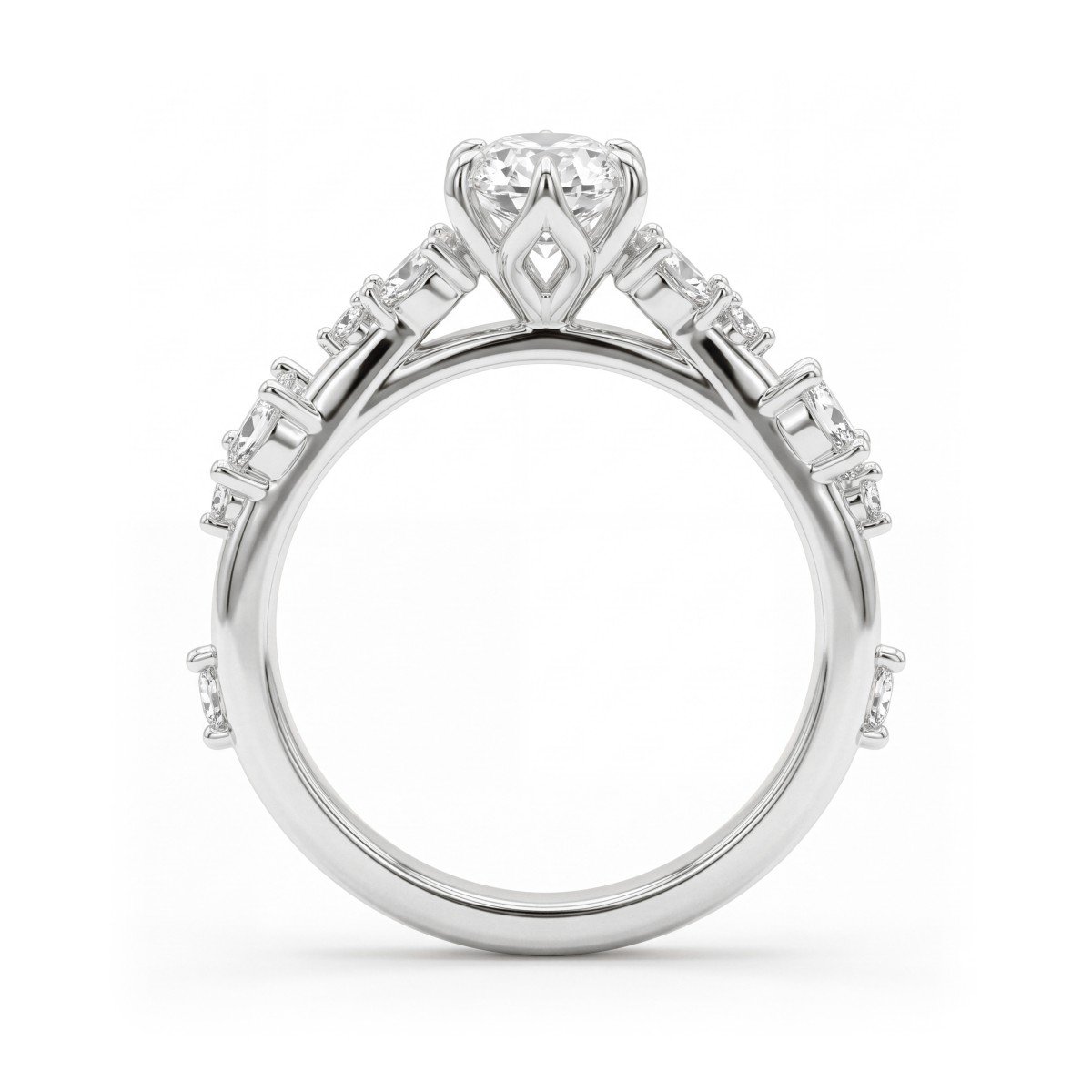Sylvaine - Forlovelsesring med oval moissanite, klynger af marquiseslebne sten i bladmotiv og delt ringskinne