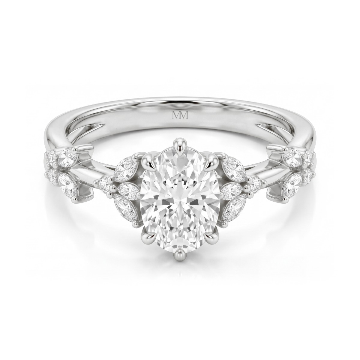 Sylvaine - Forlovelsesring med oval moissanite, klynger af marquiseslebne sten i bladmotiv og delt ringskinne