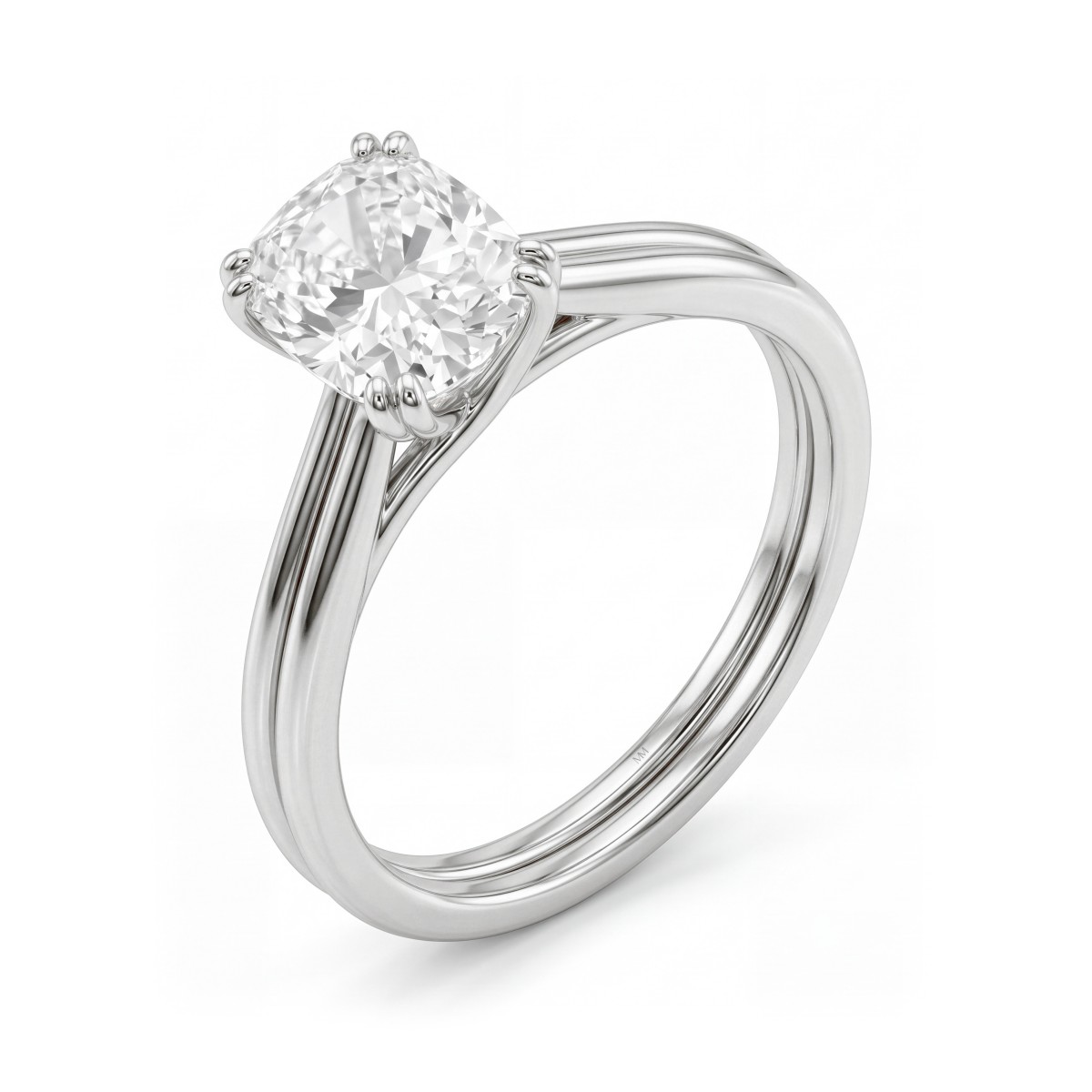 Entwine - Moissaniteforlovelsesring med cushionslibning og krydsende dobbelt ringskinne