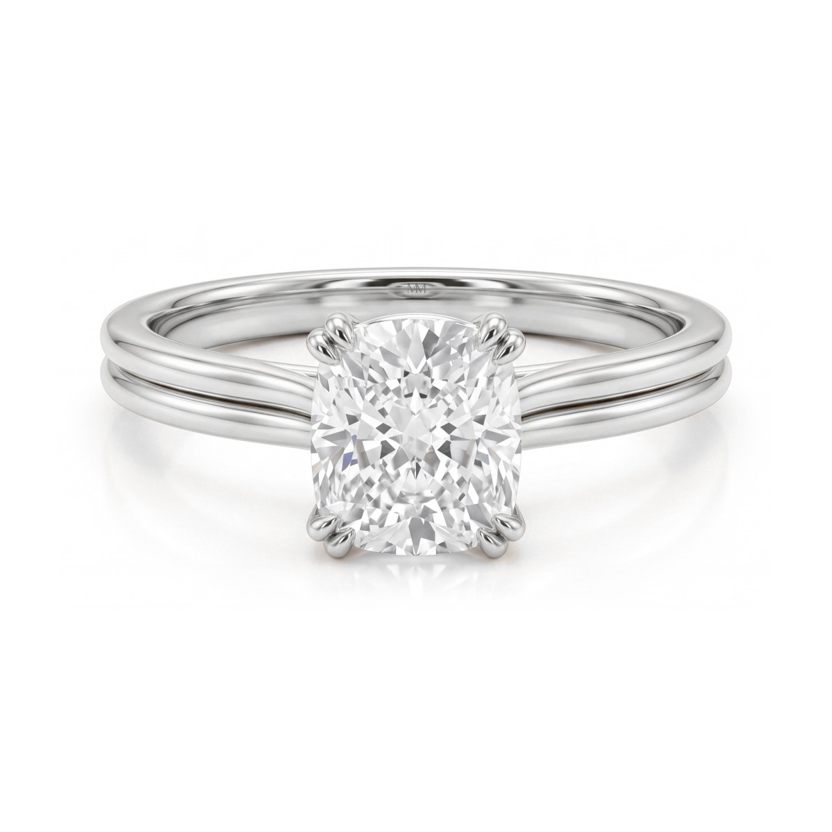 Entwine - Moissaniteforlovelsesring med cushionslibning og krydsende dobbelt ringskinne