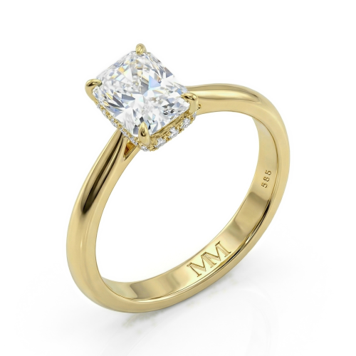 Luminara - Solitairering til forlovelse med radiantslebet moissanite og skjult halo