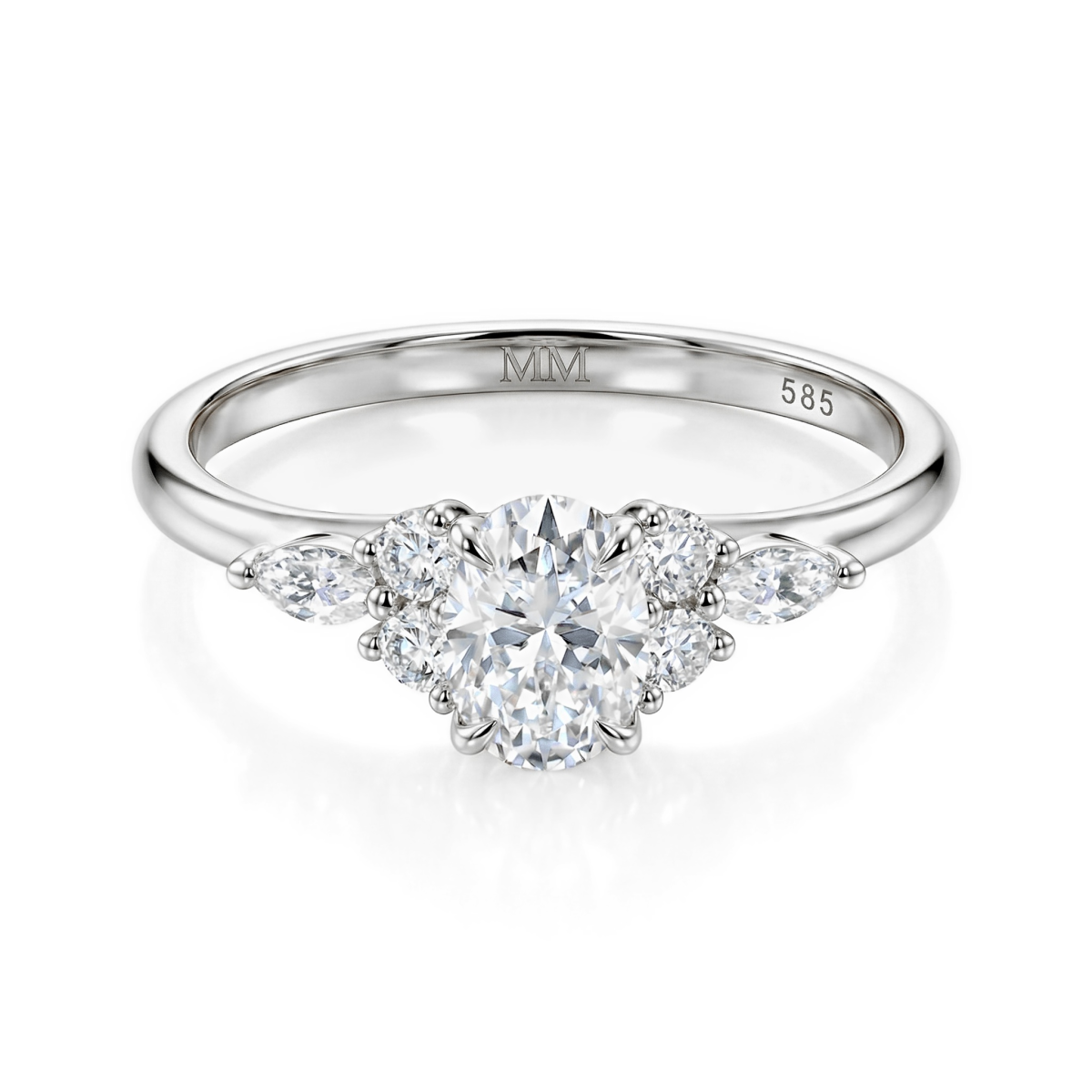 Olivette - Forlovelsesring med ovalsleben moissanite og marquiseslebne sidesten