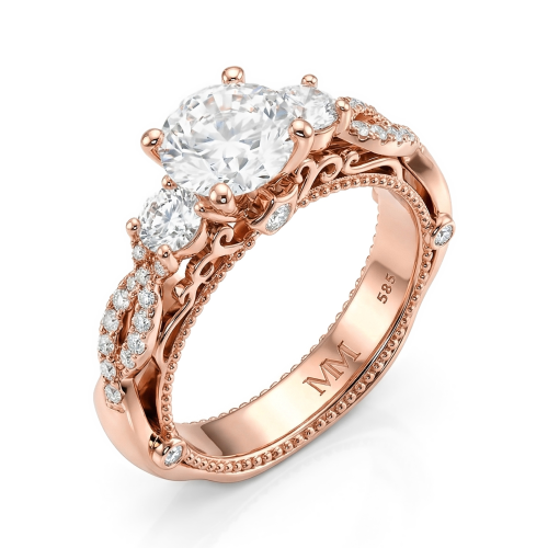 Circe - Vintageinspireret moissaniteforlovelsesring med sidesten og filigrandetaljer