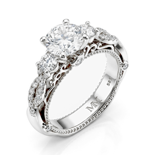 Circe - Vintageinspireret moissaniteforlovelsesring med sidesten og filigrandetaljer