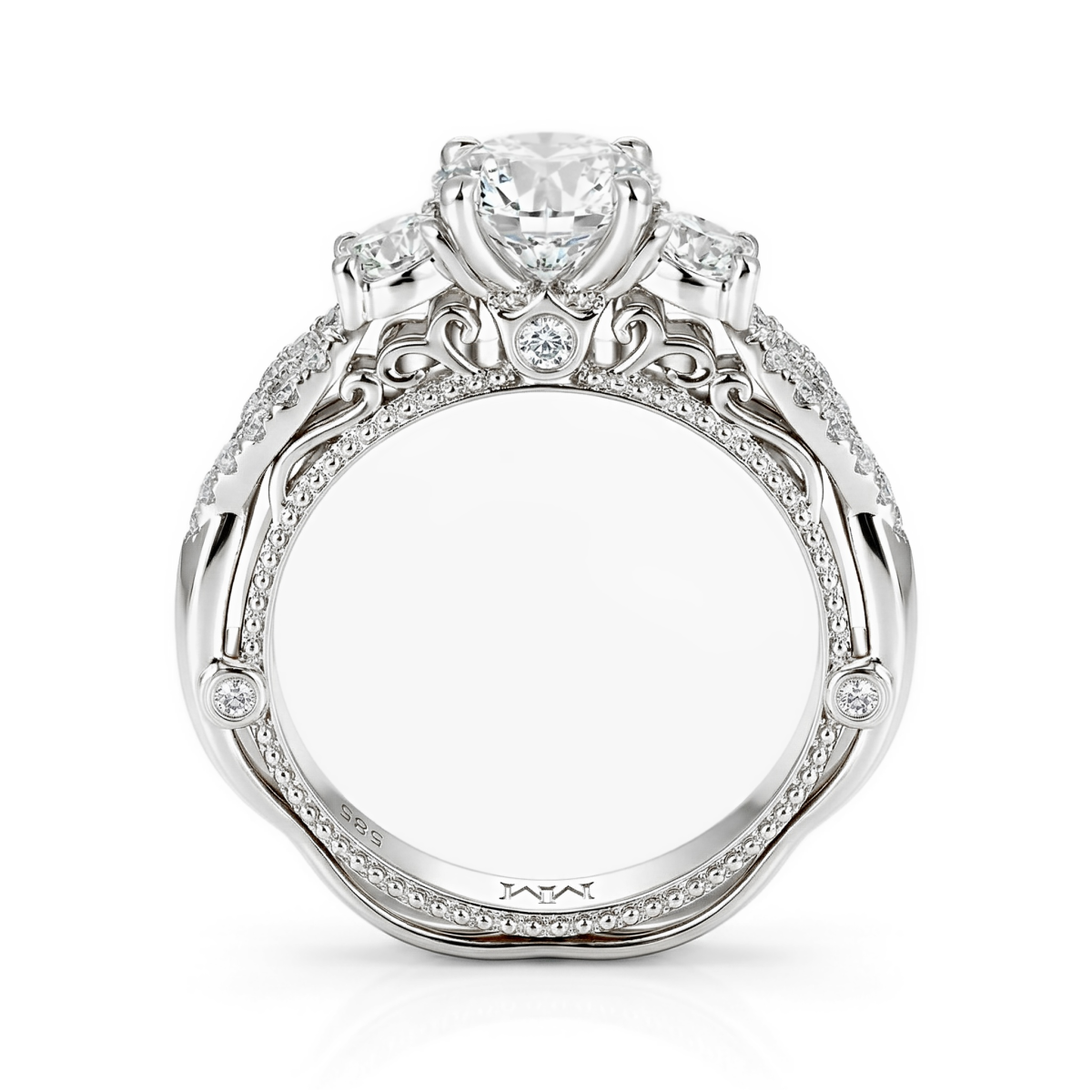 Circe - Vintageinspireret moissaniteforlovelsesring med sidesten og filigrandetaljer