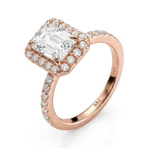 Esmeralda – Ring med moissanite i smaragdslibning og halofatning