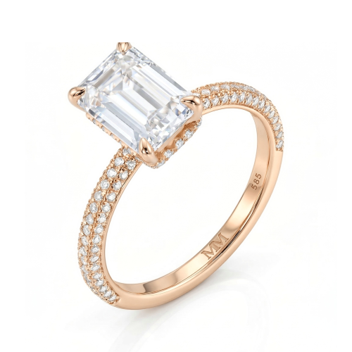 Veridian - Ring med moissanite i smaragdslibning og pavéfattet ringskinne